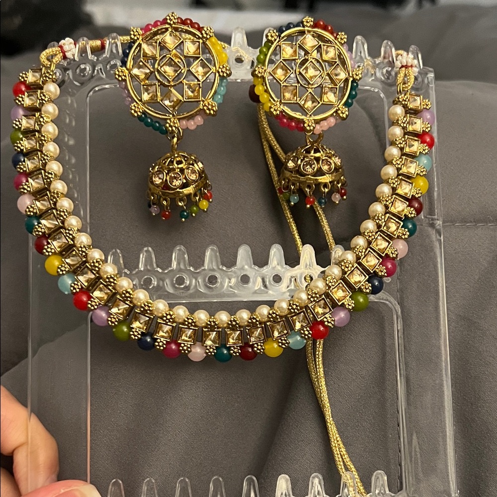 Multicolor Beaded Gold Necklace and Earring Set